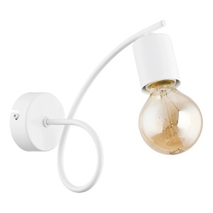 Biały kinkiet w nowoczesnym stylu z zakrzywionym ramieniem i żarówką.