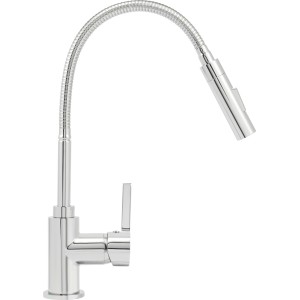 Chromowana bateria kuchenna t.b.t. z elastyczną wylewką i mieszaczem jednouchwytowym.