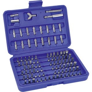 100-częściowy zestaw bitów zabezpieczających w niebieskiej walizce, różne rozmiary i kształty.