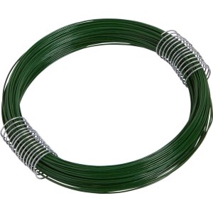 Zwoje zielonego drutu aluminiowego, zabezpieczone metalowymi klipsami.