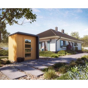 Nowoczesny drewniany domek ogrodowy t.b.t. obok budynku mieszkalnego. Idealny jako szopa na narzędzia lub pokój hobbystyczny.