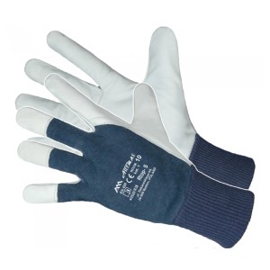 Rękawice robocze t.b.t. z białej skóry i niebieskiego materiału.