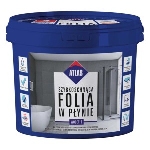 Niebieskie wiadro z folią w płynie Atlas, akcesoria do płytek.