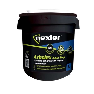 Czarne wiadro z produktem bitumicznym do naprawy dachu, marka Nexler Arbolex Aqua Stop.