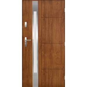 Nowoczesne drzwi zewnętrzne w kolorze drewna ze srebrnym elementem i klamką.