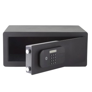 Otwarty, czarny sejf Yale High Security Safe Laptop 26,9 l z zamkiem szyfrowym.