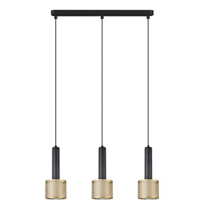 Nowoczesna lampa wisząca t.b.t. z trzema złotymi kloszami dla stylowego oświetlenia.