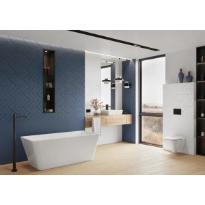 Nowoczesna łazienka z niebieskimi płytkami ściennymi t.b.t. w jodełkę.