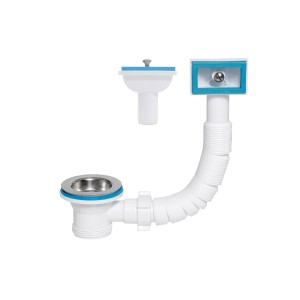 Biały syfon zlewozmywakowy z sitkiem ze stali nierdzewnej i niebieskim pierścieniem uszczelniającym.