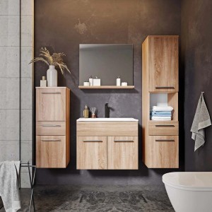 Nowoczesny zestaw łazienkowy z szafką lustrzaną i meblami w stylu drewna.