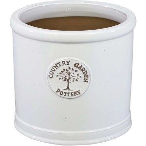 Biała doniczka z logo "Country Garden Pottery". Dekoracyjna donica do wnętrz i na zewnątrz.