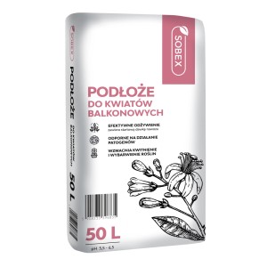 Worek ziemi do kwiatów balkonowych, 50L, marka Sobex. Odpowiednia do skrzynek balkonowych i donic.