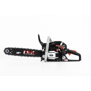 Czarna piła łańcuchowa t.b.t. z 16-calową prowadnicą do prac ogrodowych.