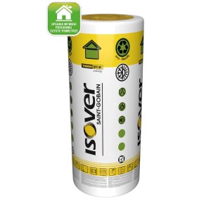 Rolka wełny mineralnej Isover, białe opakowanie z zielonymi symbolami.