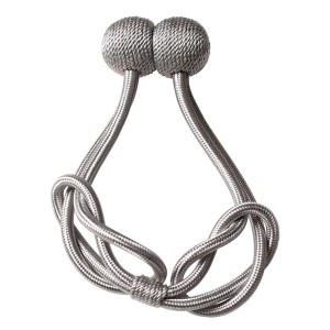 Srebrny podwiązek do zasłon ze wzorem węzła.