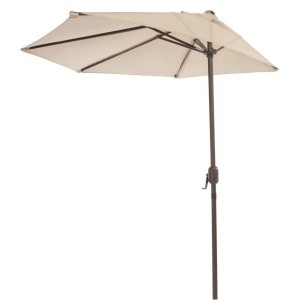 Beżowy parasol balkonowy t.b.t. o połowie kształtu z brązową ramą.