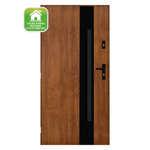 Nowoczesne drzwi zewnętrzne w kolorze drewna z czarnym akcentem i klamką.