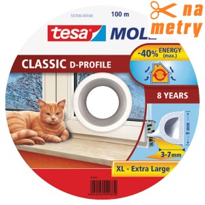 Uszczelka okienna Tesa Moll D-Profil XL, z kotem na parapecie.