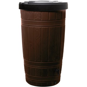 Brązowa beczka na deszczówkę Waterform Woodcan 265 l z efektem drewna i czarną pokrywą.
