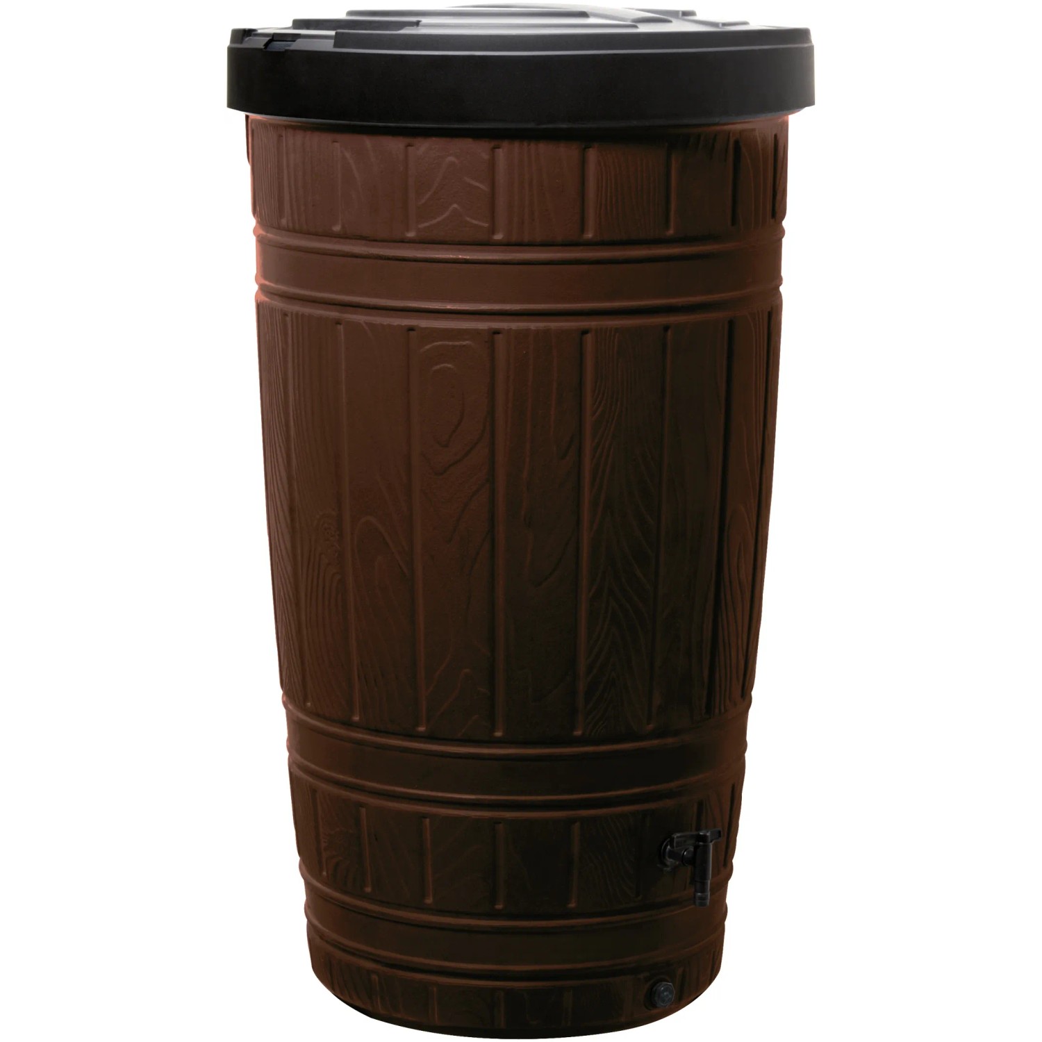 Brązowa beczka na deszczówkę Waterform Woodcan 265 l z efektem drewna i czarną pokrywą.