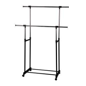 Regulowany wieszak na ubrania z dwoma drążkami dla dodatkowej przestrzeni.