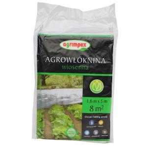 Opakowanie włókniny: Agrowłóknina wiosenna, 1,6x5m, chroni rośliny przed mrozem, wiatrem i szkodnikami.
