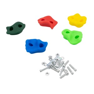 Zestaw kamieni wspinaczkowych w różnych kolorach z materiałem montażowym dla większej zabawy.