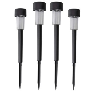 Zestaw 4 czarnych lamp solarnych t.b.t. do oświetlania ścieżek ogrodowych.