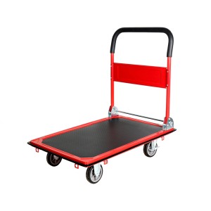 Czerwony wózek warsztatowy t.b.t. z czarną platformą ładunkową i czterema kołami.