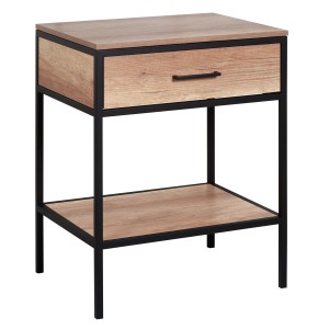 t.b.t. szafka pod umywalkę z szufladą i półką, wygląd drewna i czarna metalowa rama.