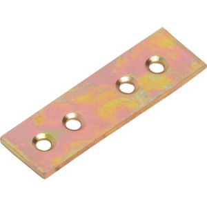 Żółty ocynkowany łącznik płaski, 50x15 mm, z czterema otworami do mocowania.
