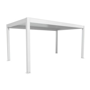 Biała pergola Biohort 5x3 m, nowoczesne zadaszenie tarasu z dachem lamelowym.