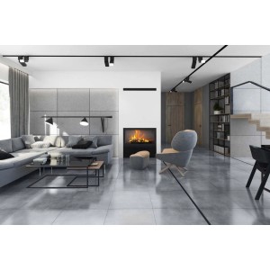 Jasny salon z szarymi płytkami podłogowymi t.b.t. i kominkiem.