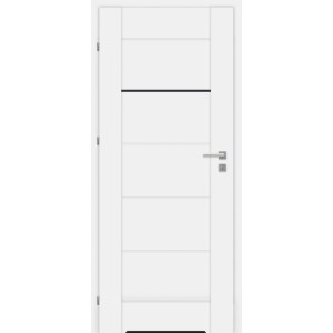 Białe drzwi wewnętrzne t.b.t. z pięcioma panelami i srebrną klamką.