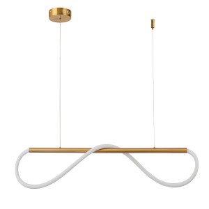 Nowoczesna lampa wisząca LED w kolorze złotym z zakrzywionym, białym elementem świetlnym.