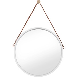 Okrągłe białe lustro (Ø 50 cm) z brązowym skórzanym paskiem do zawieszenia.