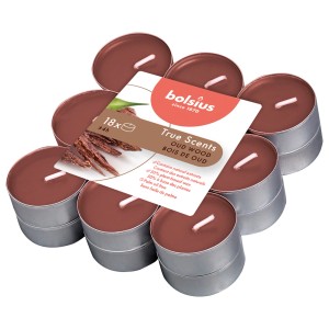 Bolsius Oud Wood tealighty, 18 sztuk brązowych i srebrnych świec zapachowych.