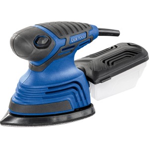 LUX Szlifierka wielofunkcyjna E-MUS-21: Niebieska szlifierka z pojemnikiem na kurz do powierzchni, krawędzi i narożników.