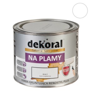 Puszka białej farby do ścian Dekoral, idealna do krycia plam.