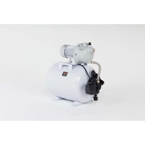 Hydrofor t.b.t. z białym zbiornikiem i szarym silnikiem.