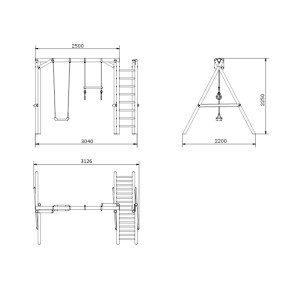 Rysunek techniczny huśtawki z wymiarami.