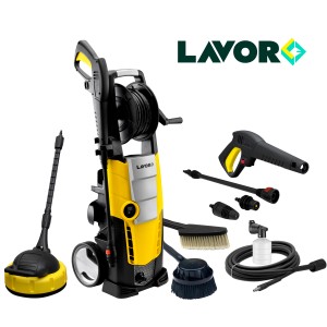 Żółto-szara myjka ciśnieniowa z akcesoriami t.b.t.