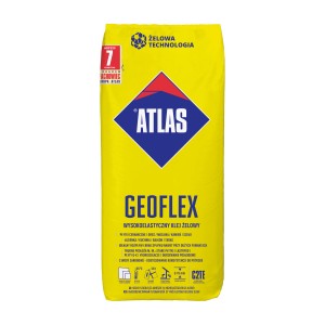 Żółty worek kleju do płytek Atlas Geoflex do prac glazurniczych.