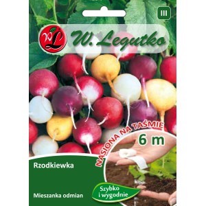 Opakowanie nasion rzodkiewki 't.b.t.' z kolorowymi rzodkiewkami.