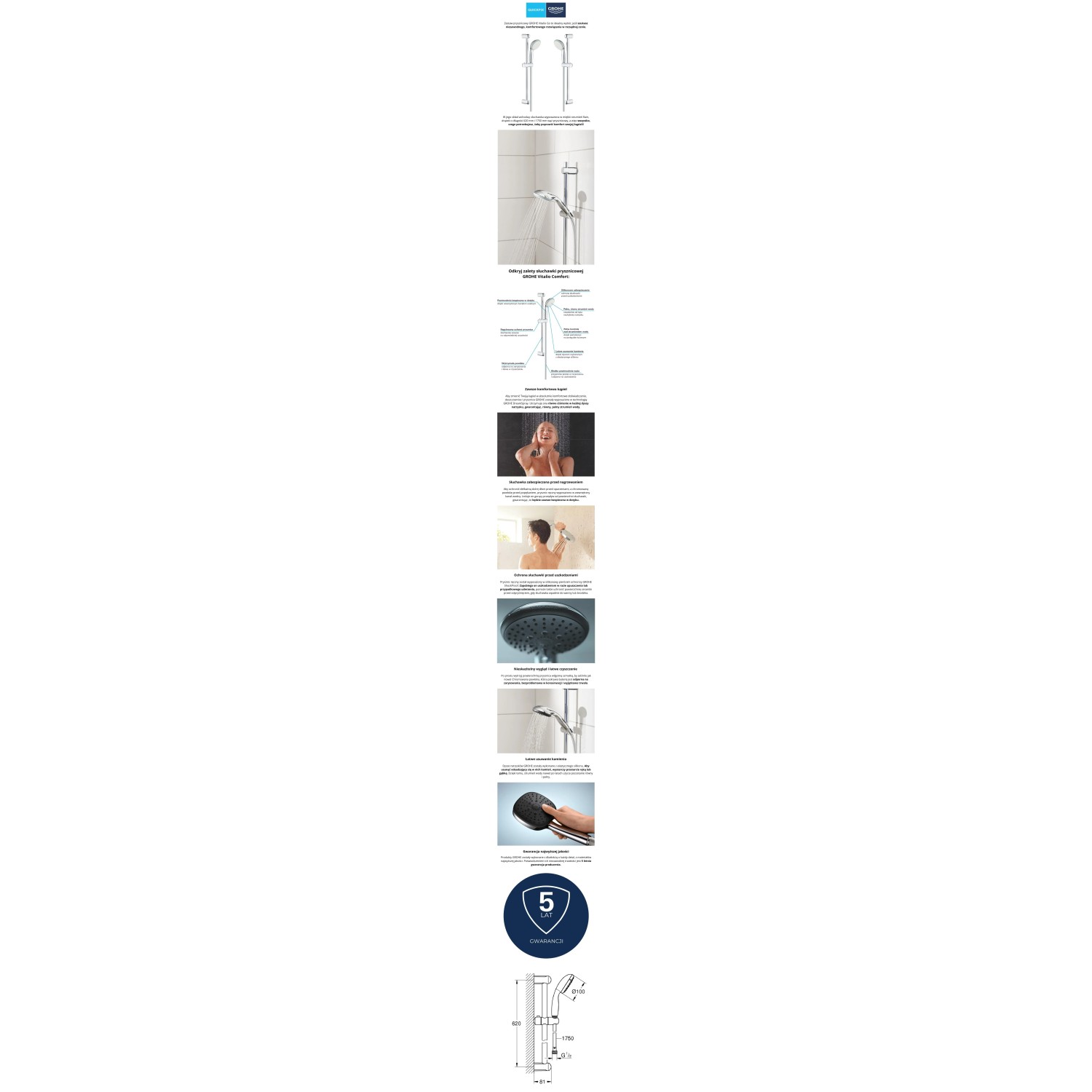 Zestaw prysznicowy Grohe QuickFix Vitalio Go 100 chrom: zbliżenie na słuchawkę, drążek i wąż.