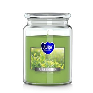 Zielona świeca zapachowa w szklanym słoiku z pokrywką. Zapach zielonej herbaty dla relaksu.