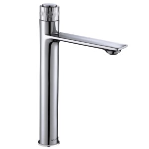 Chromowana bateria umywalkowa z prostą wylewką.