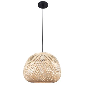 Lampa wisząca z abażurem z jasnego, plecionego naturalnego materiału.