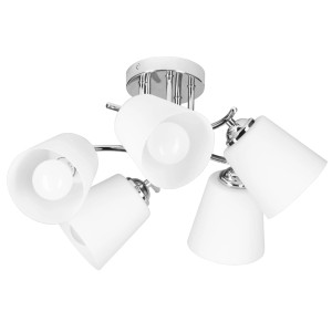 Nowoczesna lampa sufitowa z pięcioma białymi kloszami i chromowaną ramą.