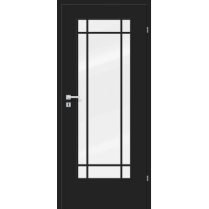 Czarne drzwi wewnętrzne ze szklaną wstawką i srebrną klamką.